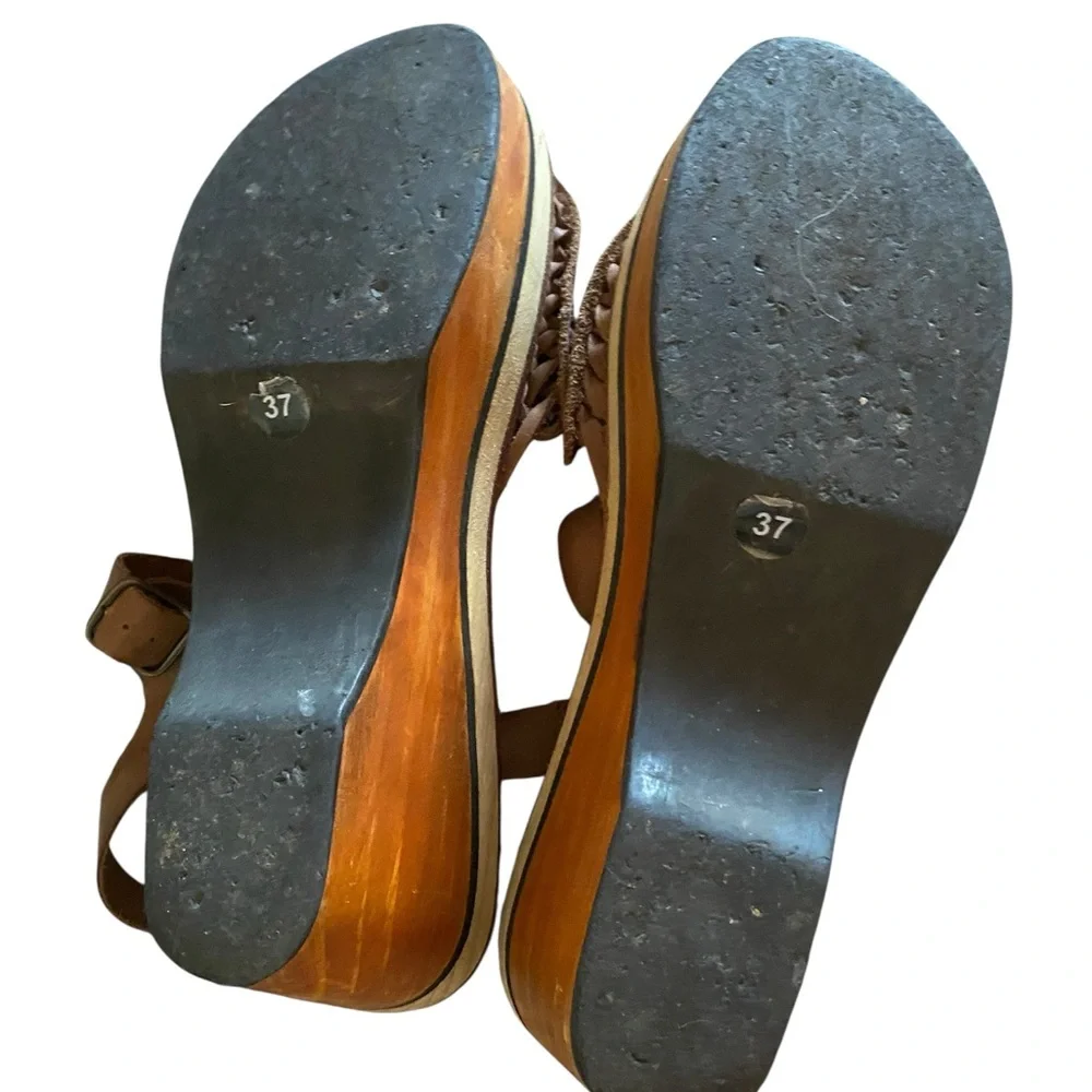 Free People Brown Leather Woven Platform Clog Mules
